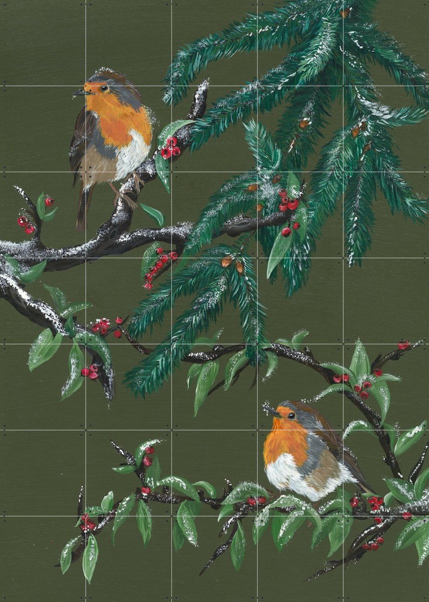 IXXI Robin's Winter Haven, Lens en penseel door Myrte - 100 x 140 cm - Gratis ophangtool - Grote wanddecoratie en posters - Schilderijen, Vogels