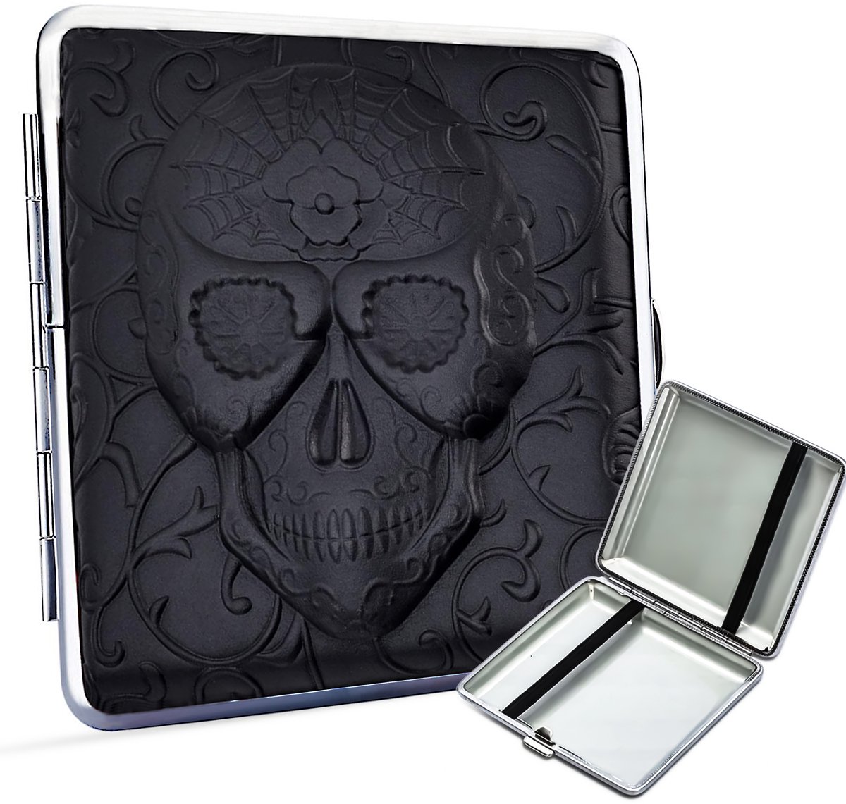 Sigarettendoosjes Skull - Kunstleer - Metaal - 20 Sigaretten - Zwart