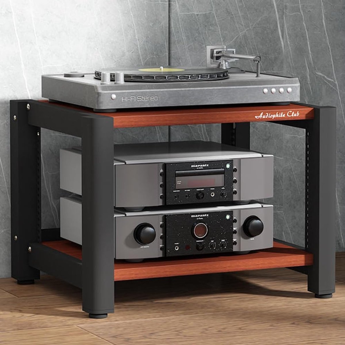 Audio Opbergkast - Hifi Meubel - Stereo Apparatuur Opslag - Duurzaam Hout Metaal - 60x50x40cm 2 Lagen - Teak
