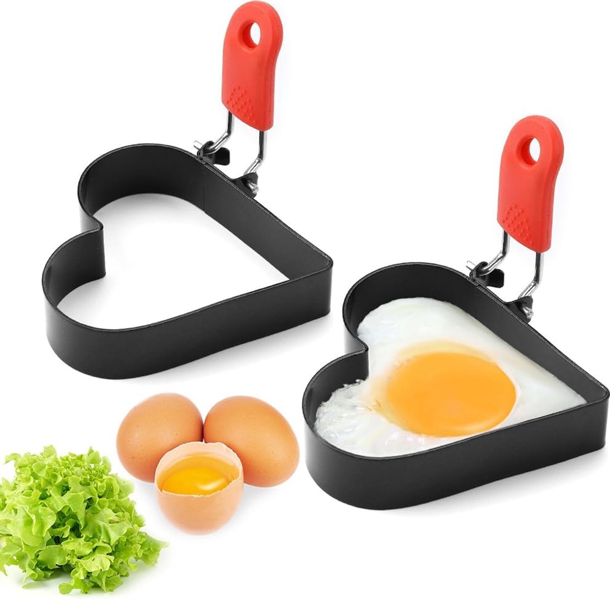Omeletvormen 2 stuks - Eierringen hartvorm - Ontbijt maken - Inklapbare handgrepen - 7 x 9 x 2 cm - Zwart