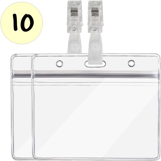 Twee transparante badgehouders van 115x100 mm met clips. Cirkel met '10'.