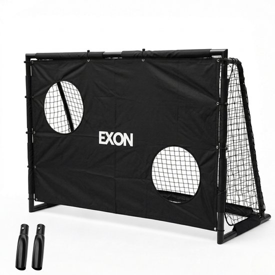 Zwart EXON voetbal oefendoel met 2 ronde gaten en een net. Twee grondankers liggen ernaast.