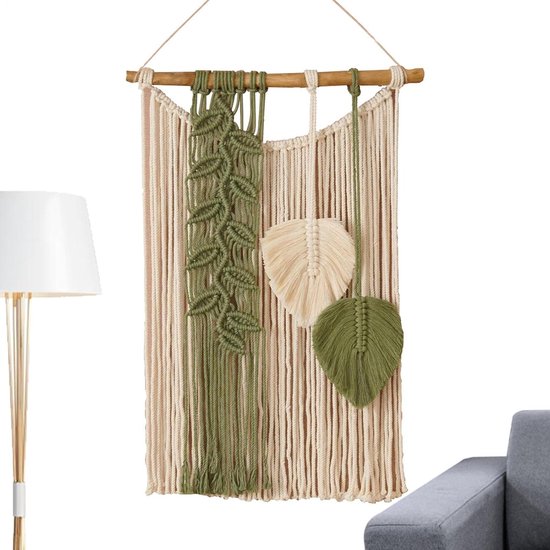 Macrame Wandkleed - Bohemian Decoratie - Muur Opknappen - Handgeweven Design - 70x40cm - Groen