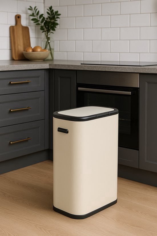 PORTLAND Afvalemmer voor de keuken, push-up, 60 l, roestvrij staal, zwart, opening door eenvoudige druk