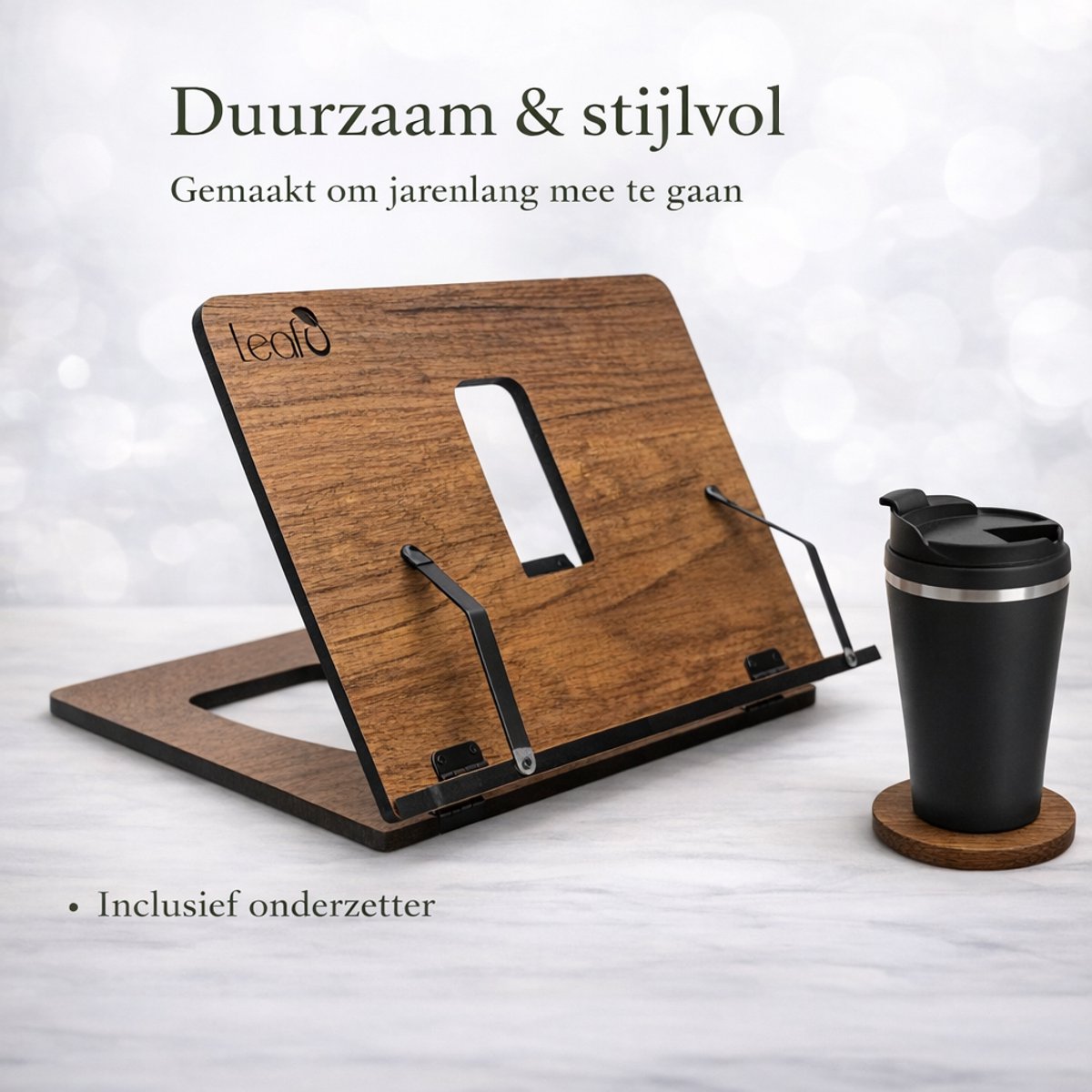 Houten boekenstandaard, gepersonaliseerde driehoekige boekenstandaard van hout, boekenhouder, leesstandaard voor zijplank met bekerhouder, boekensteun, hout, licht boekenrek voor schoolboeken, B