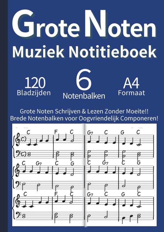 Boekomslag voor muziek notitieboek. "Grote Noten Muziek Notitieboek". Met 120 bladzijden, 6 notenbalken, A4 formaat.