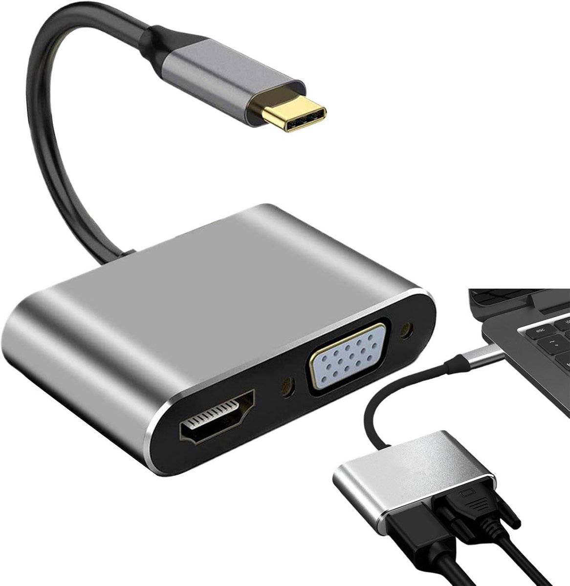 Type C Adapter - Video Converter - Scherm Uitbreiden - 4-in-1 Poorten - 9 x 9 x 9 cm - Grijs