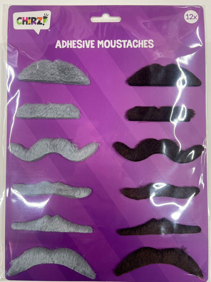 Nepsnorren - 12 Stuks -6 zwart 6 grijs en vormen - Nep snor - Fake Moustache - Plaksnor - Zelfklevend - Carnaval - Verkleedsnor - Valse Snor - Nep Snorren - Fake Snor