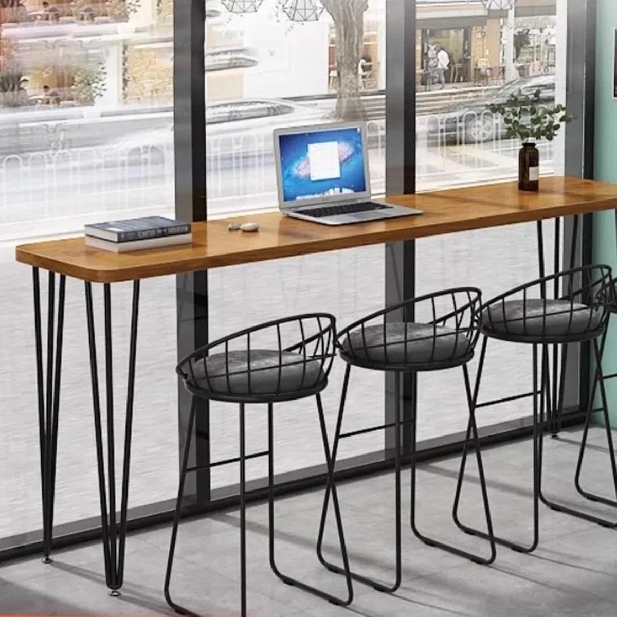 Houten Bartafel - Hoge Tafel - Eten en Dranken - Modern Schraagontwerp - 120x35cm - Geel