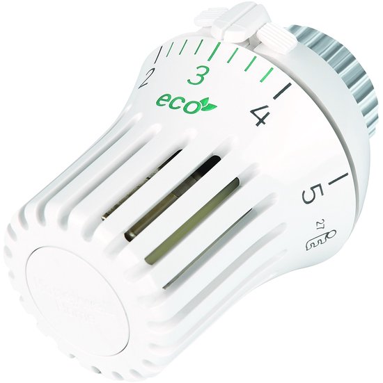 Witte thermostaatknop met groene cijfers 1-5 en een eco-symbool.