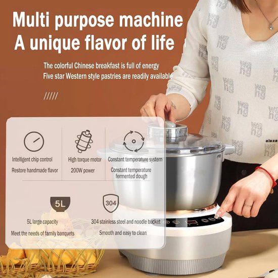 Elektrische Deegmenger - Keukenmachine - Deeg Kneden Rijzen - Automatische Temperatuurregeling - 7 Liter Capaciteit — afbeelding 5