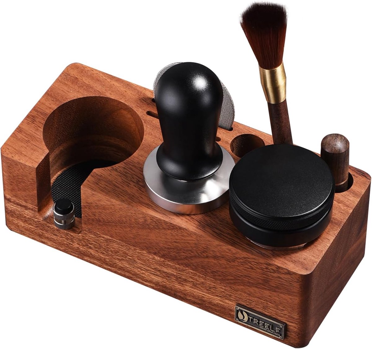 Houten Tampingstation - Koffie Accessoire Houder - Espresso Bereiding - Multifunctioneel Ontwerp - 22 x 9.7 x 7 cm - Walnoot
