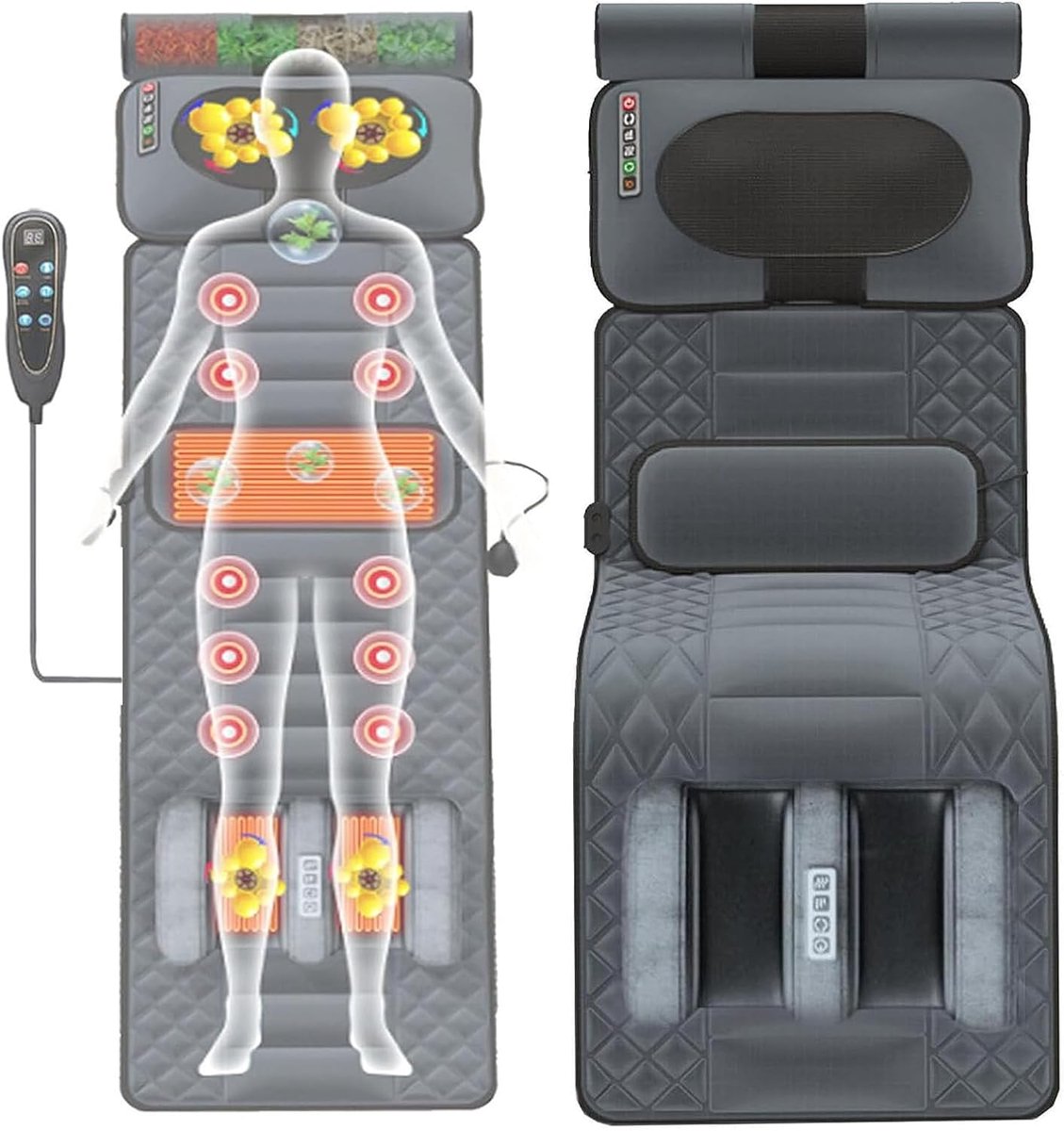 Massagematras met warmte - Lichaamsmassage apparaat - Pijnverlichting spieren - 10 vibrerende motoren - 50x130 cm - Antraciet