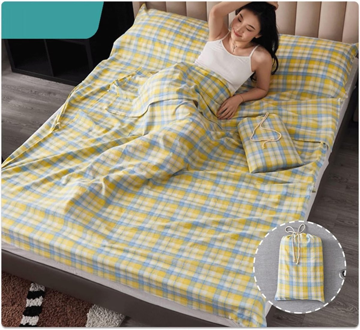 Slaapzak Liner - Reislaken Dekbedovertrek - Hygiënisch Slapen - 100% Katoen Ademend - 80x210cm - Groen Gestreepte