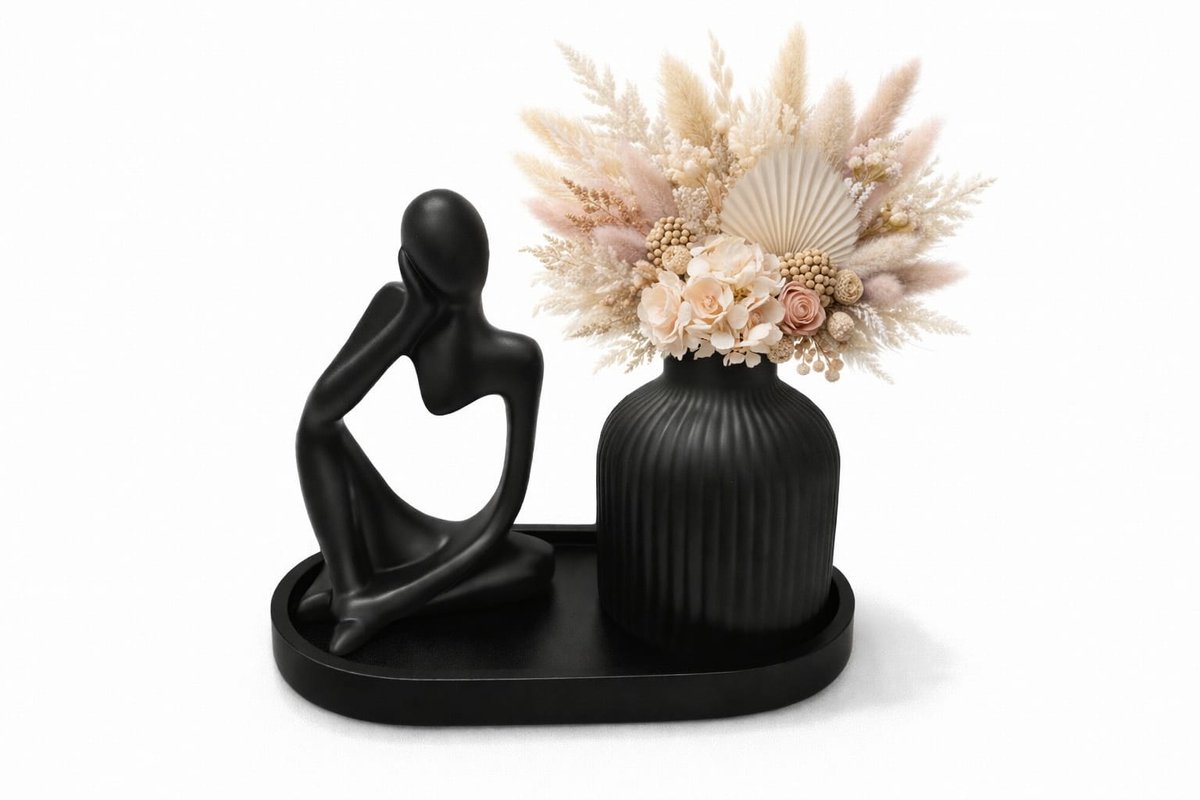 QORVANE Home - 3-delige zwarte decoratieset - beeld, vaas en tray