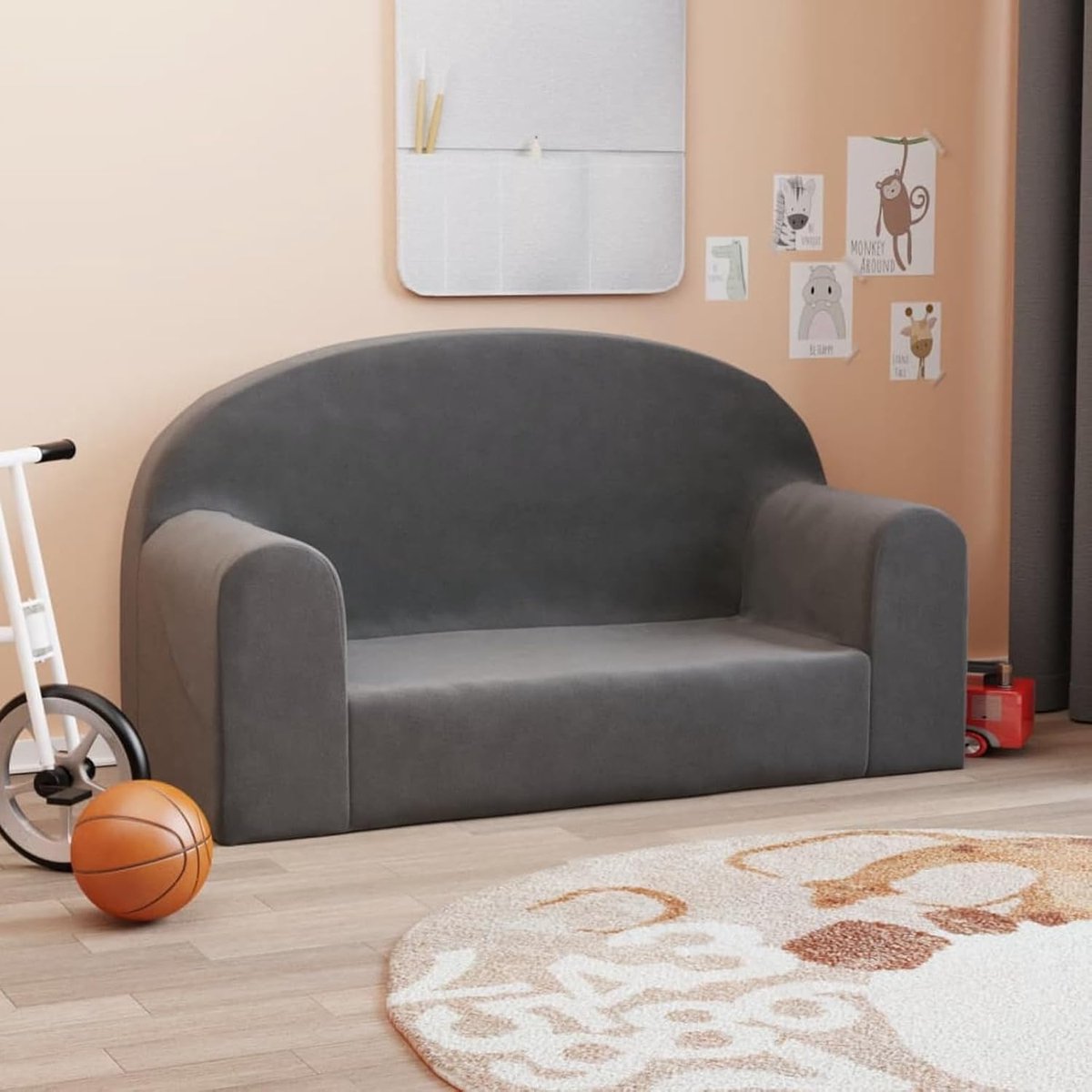Kindersofa 2-zits - Speelbank peuter - Ontspannen spelen - Zacht pluche materiaal - 84 x 45 x 34 cm - Antraciet