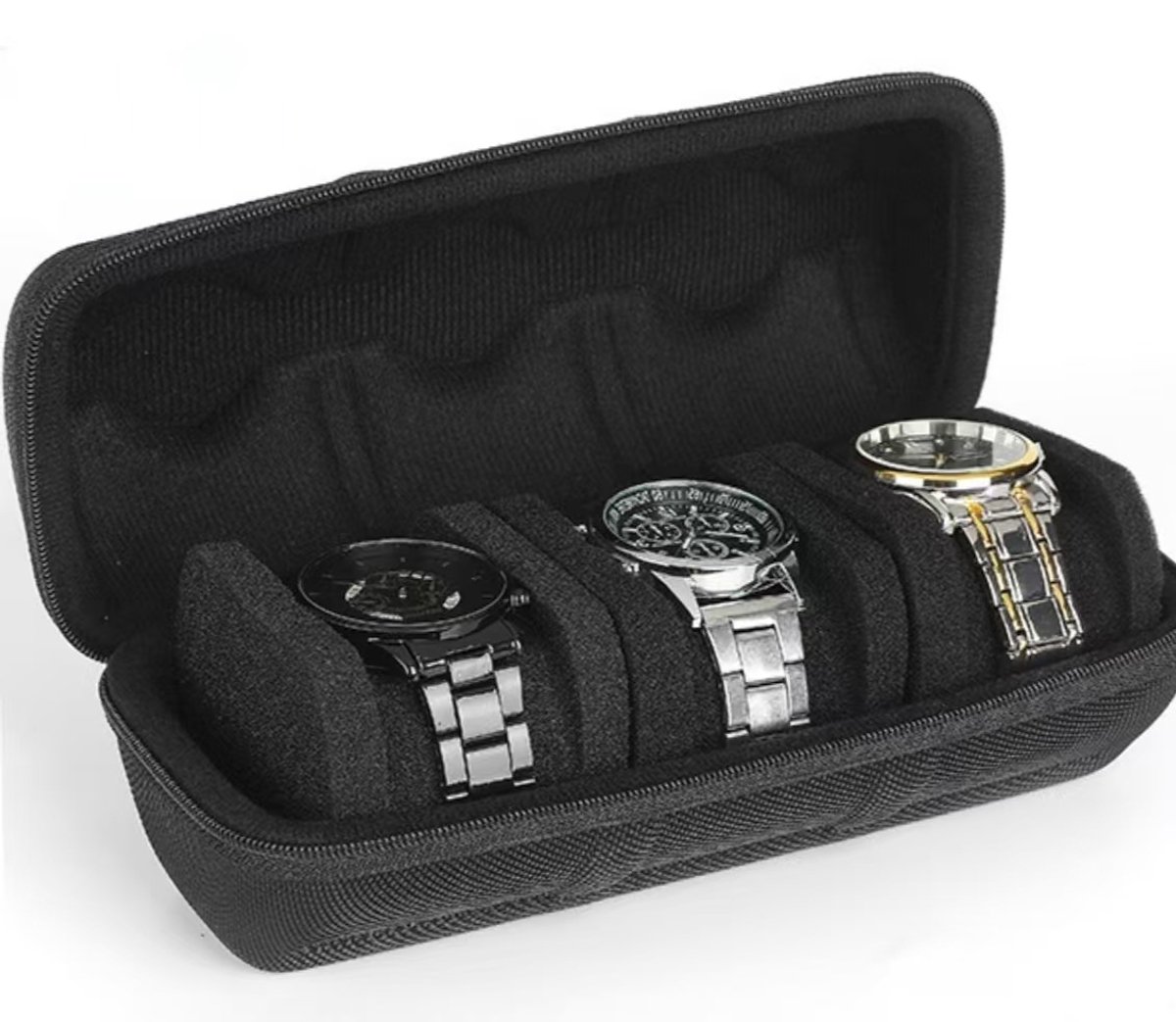 Stevige en duurzame horlogedoos - met 3 horlogevakken - unisex - schokbestendige opberg- en presentatiedoos - zwart (horloges niet inbegrepen)