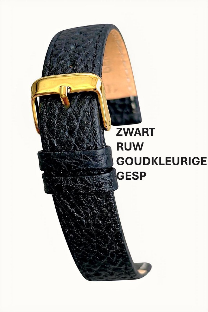 Horlogeband-horlogebandje-18mm-ruw echt leer-zacht-mat-soft-plat-zwart-goudkleurige gesp-leer-18 mm