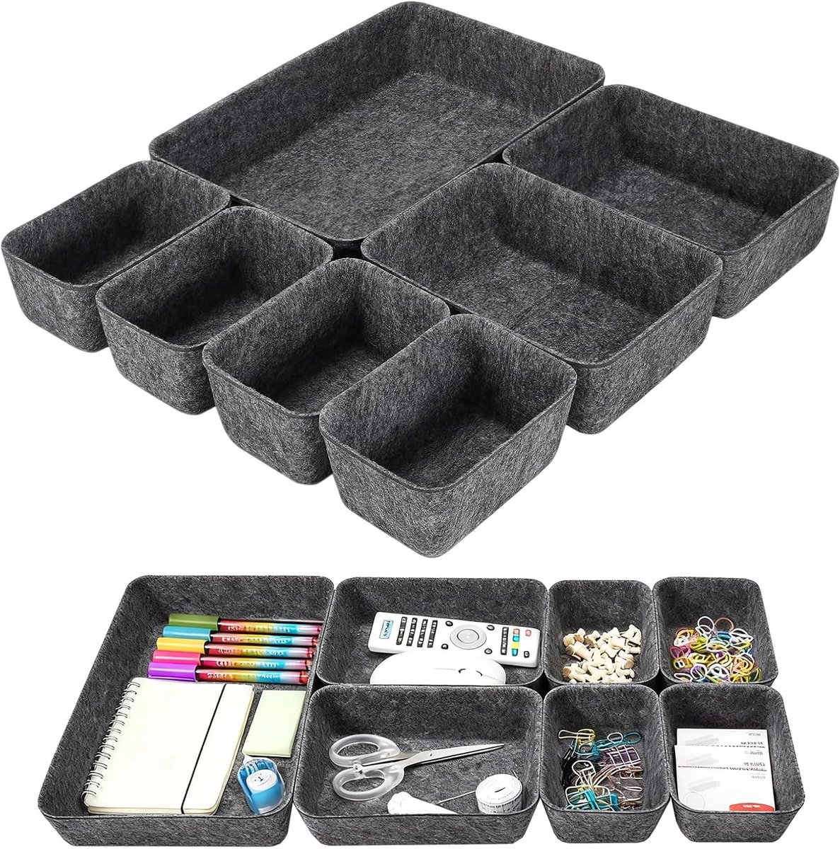 Lade Organizers - Opbergbakken Vilt - Kleding Sorteren - Set van 7 Delen - 3 Maten - Zwart