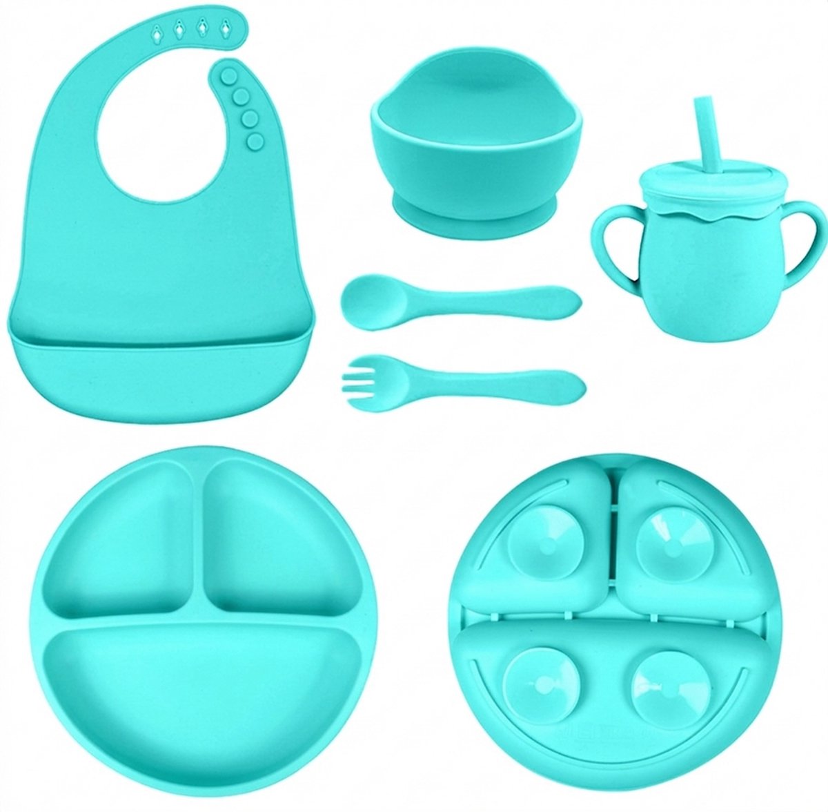 HipWare - Kinderservies mintgroen - Complete 6-delige set - BPA-vrij siliconen - Vaatwasser- en magnetronbestendig - Baby eetset of kinderbestek