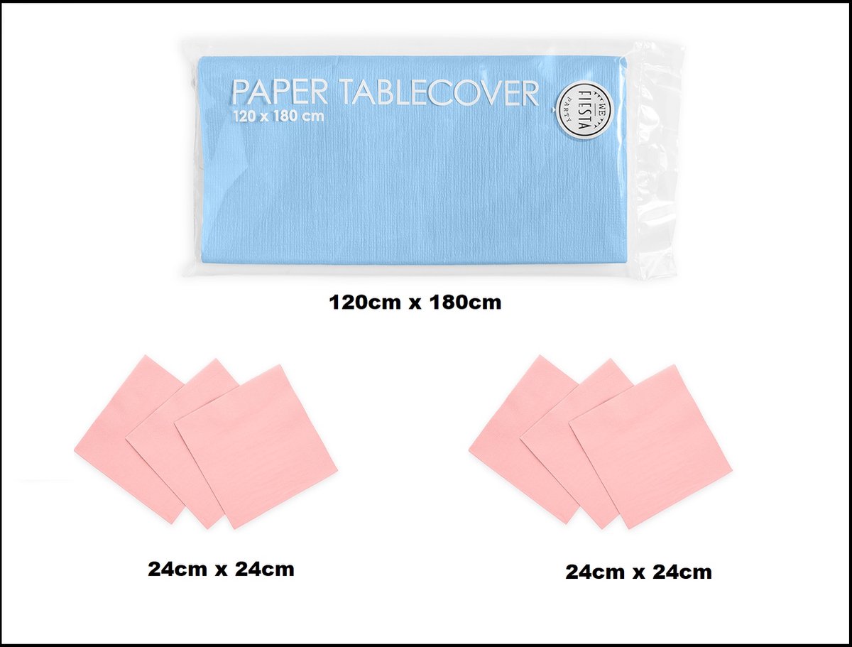 1x Tafelkleed papier licht blauw 120cm x 180cm + 40x Cocktail servetten roze 24cm x 24cm 3 laags