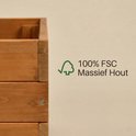 Close-up van de houten bloembak van IvoQ. Tekst: 100% FSC Massief Hout.