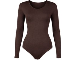J&C dames katoenen body lange mouw - bodystocking dames - diepe ronde hals bruin- maat M