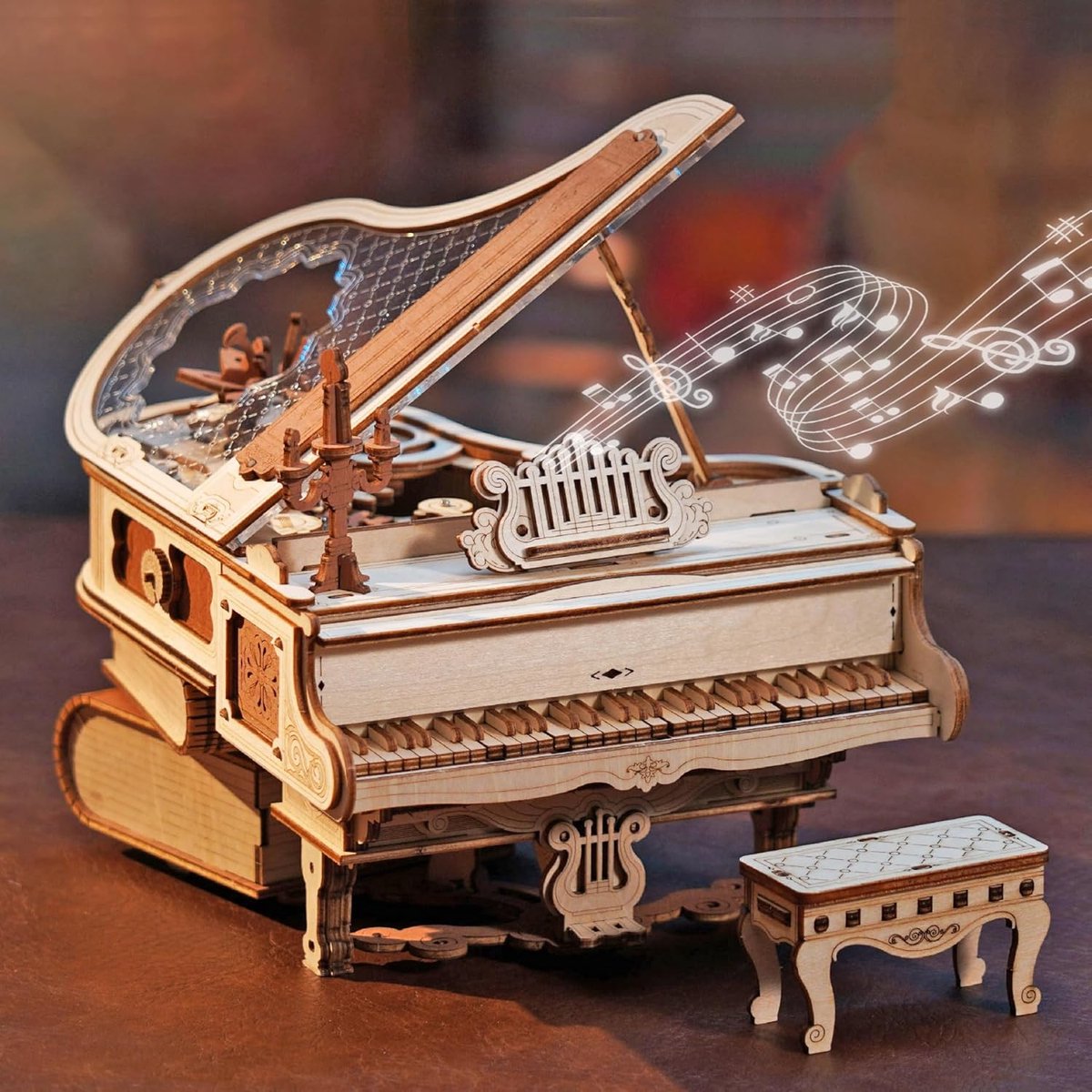 Houten Muziekdoos - 3D Puzzel Piano - Modelbouw Knutselen - Mechanisch Muziekspel - 14 x 17 x 12.5 cm - Transparant