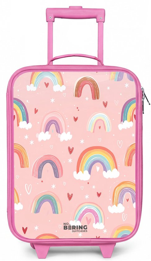 Roze kindertrolley met veelkleurige regenbogen en hartjes. Rolkoffer met uittrekbaar handvat.