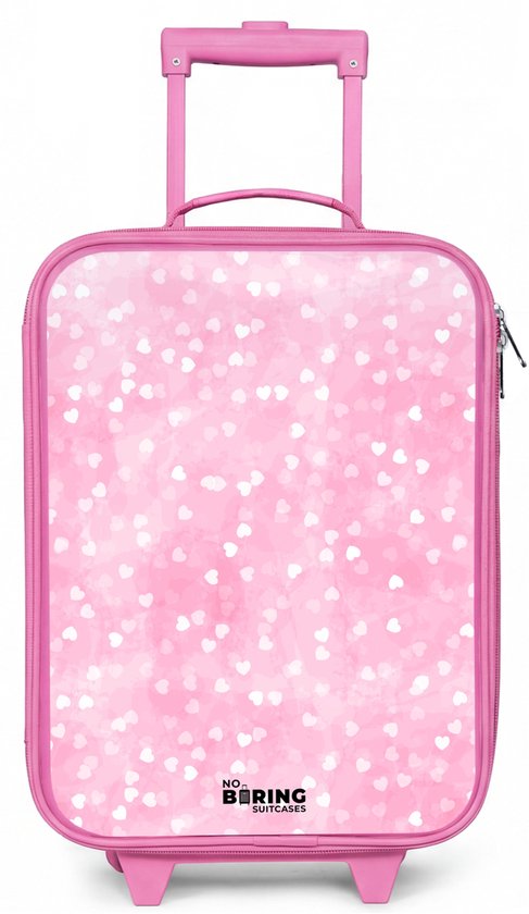 Roze kindertrolley met patroon van glitter hartjes, inclusief handvat en wieltjes.