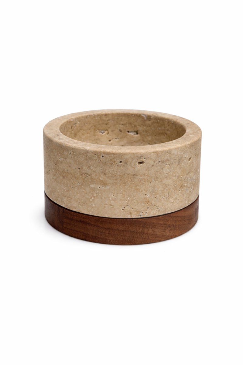 Travertine kaarshouder S Ø9,5x4cm incl. hout plateau - MOOISA