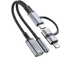 4-in-1 USB-C en 8-pin (geschikt voor Lightning) naar USB-C en 3.5mm Audio Adapter – AUX – Aluminium – Grijs