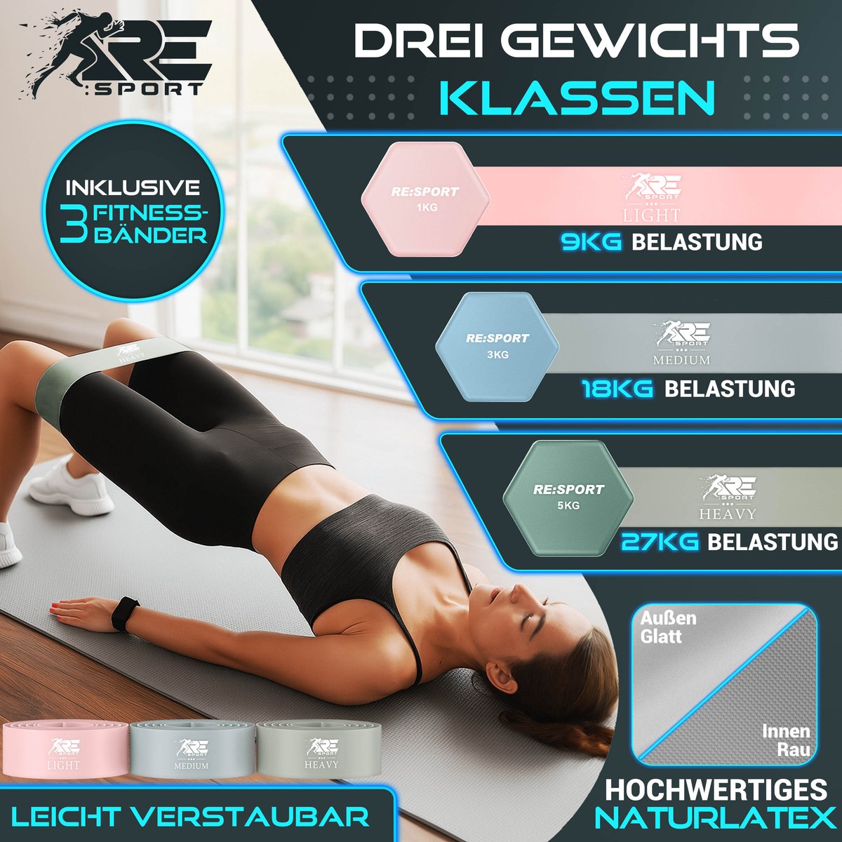RE:SPORT® Halter Set 3 Paar 1kg–5kg, 18kg met Standaard & 3x Fitnessbanden | Antislip Neopreen Dumbbells voor Dames & Heren | Halters Halterset thumbnail 5