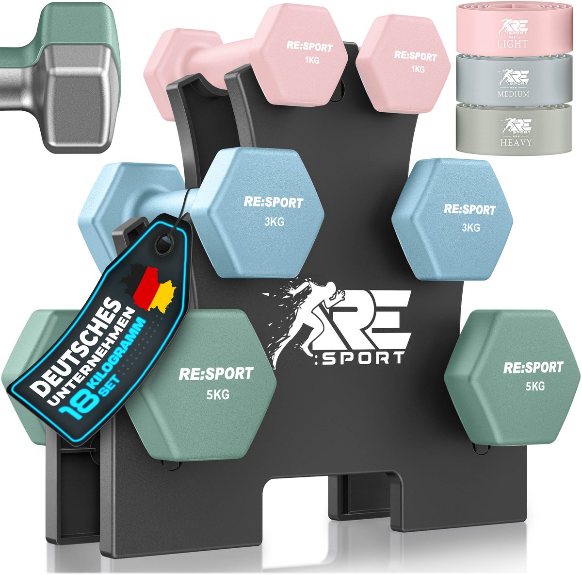 RE:SPORT® Halter Set 3 Paar 1kg–5kg, 18kg met Standaard & 3x Fitnessbanden | Antislip Neopreen Dumbbells voor Dames & Heren | Halters Halterset