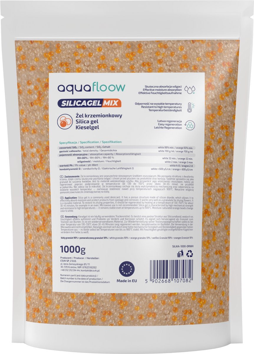 AquaFloow vochtabsorber - silicagel - granulaat - herbruikbaar - geurloos - voor drogen ruimtes, elektronische apparatuur - tegen corrosie - oranje wit 700 g/ml - 1 kg