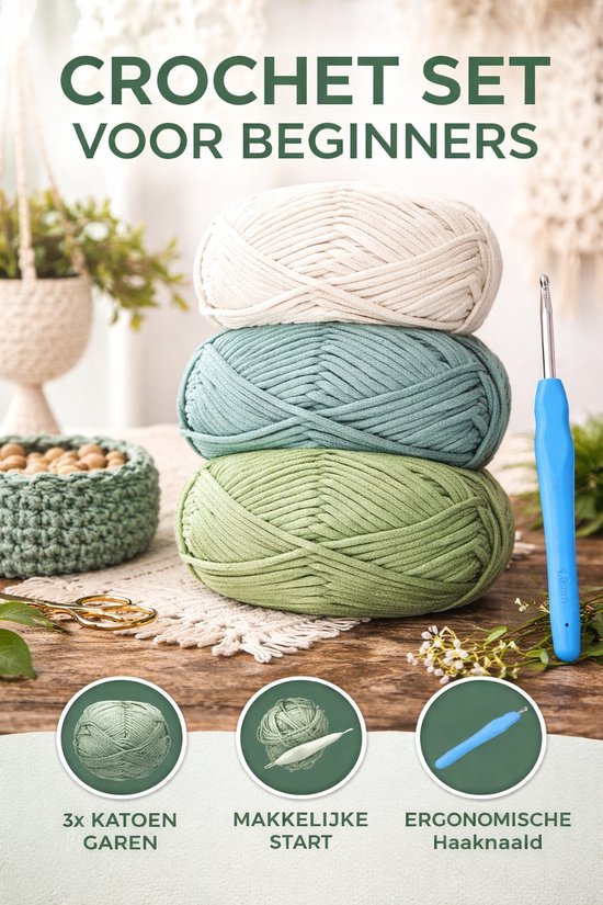 Fil épais Candala pour crochet, fil de coton, laine épaisse pour crochet, 3 x 50 g, fil à crocheter pour débutants, fil amigurumi avec crochet de 4 mm, Kit de démarrage facile au crochet (avocat)