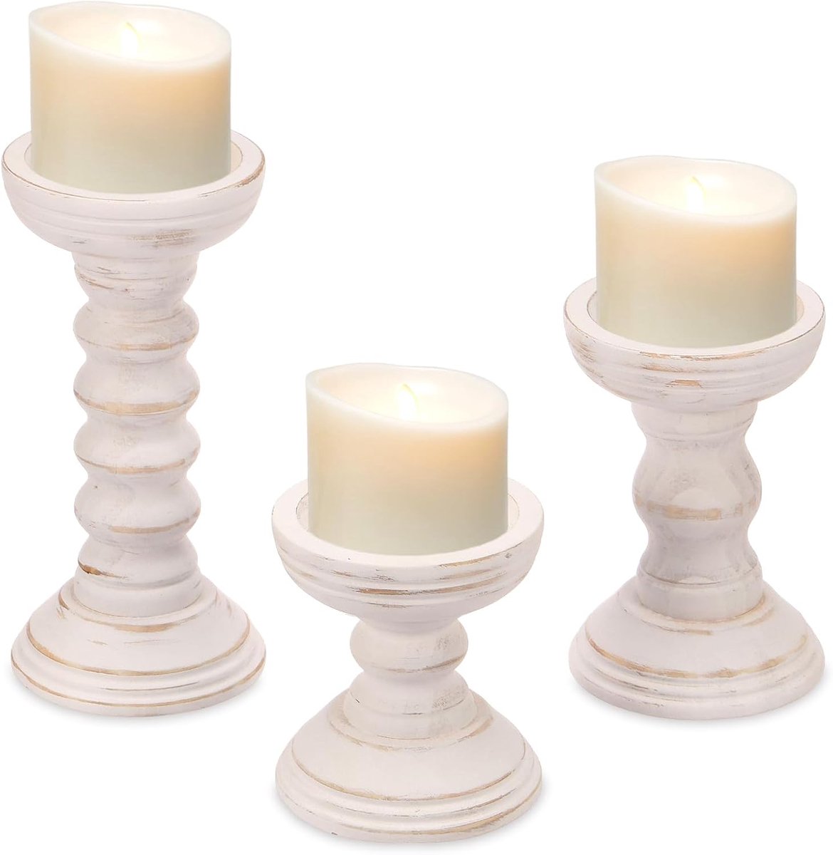 Houten Kaarsenstandaards - Set van Drie - Sfeervolle Decoratie - Rustieke Landelijke Stijl - Verschillende Hoogtes - Wit