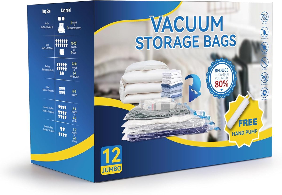 Opbergzakken - Vacuümzakken Compressie - Ruimte Besparen - Inclusief Handpomp - 12 Jumbo