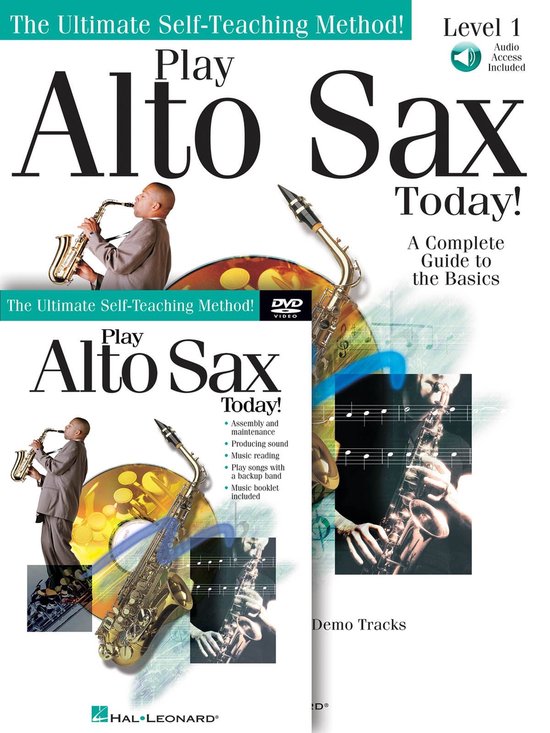 Livre avec un jeune homme jouant du saxophone, et un saxophone, titre : Play Alto Sax Today!