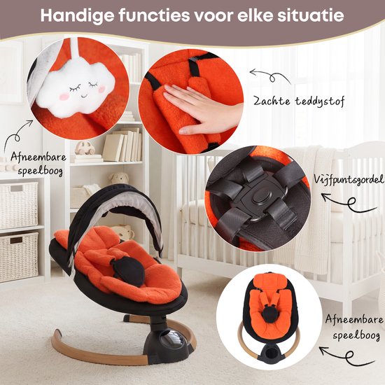 3Babies® Baby Swing - Elektrisch Wipstoel - Babyschommel - Elektrische Schommelstoel baby - Wasbare Bekleding - Afstandsbediening en App - Teddy Materiaal - Oranje en zwart van 3Babies® — afbeelding 2