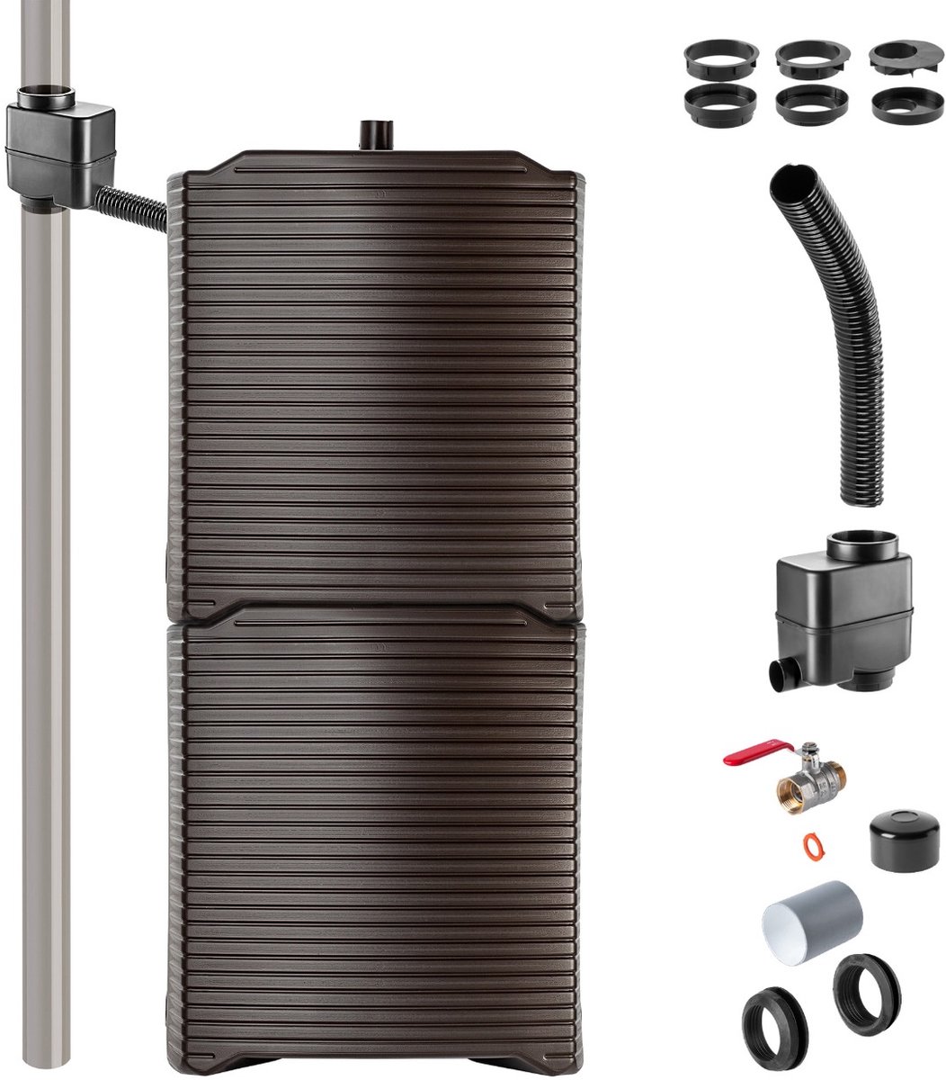 KADAX Regenton, modulaire regenwatertank voor tuin, weerbestendig regenvat 126 liter, waterverzamelaar, regencontainer van kunststof, watervat (2 x mokka + verzamelaarset A)
