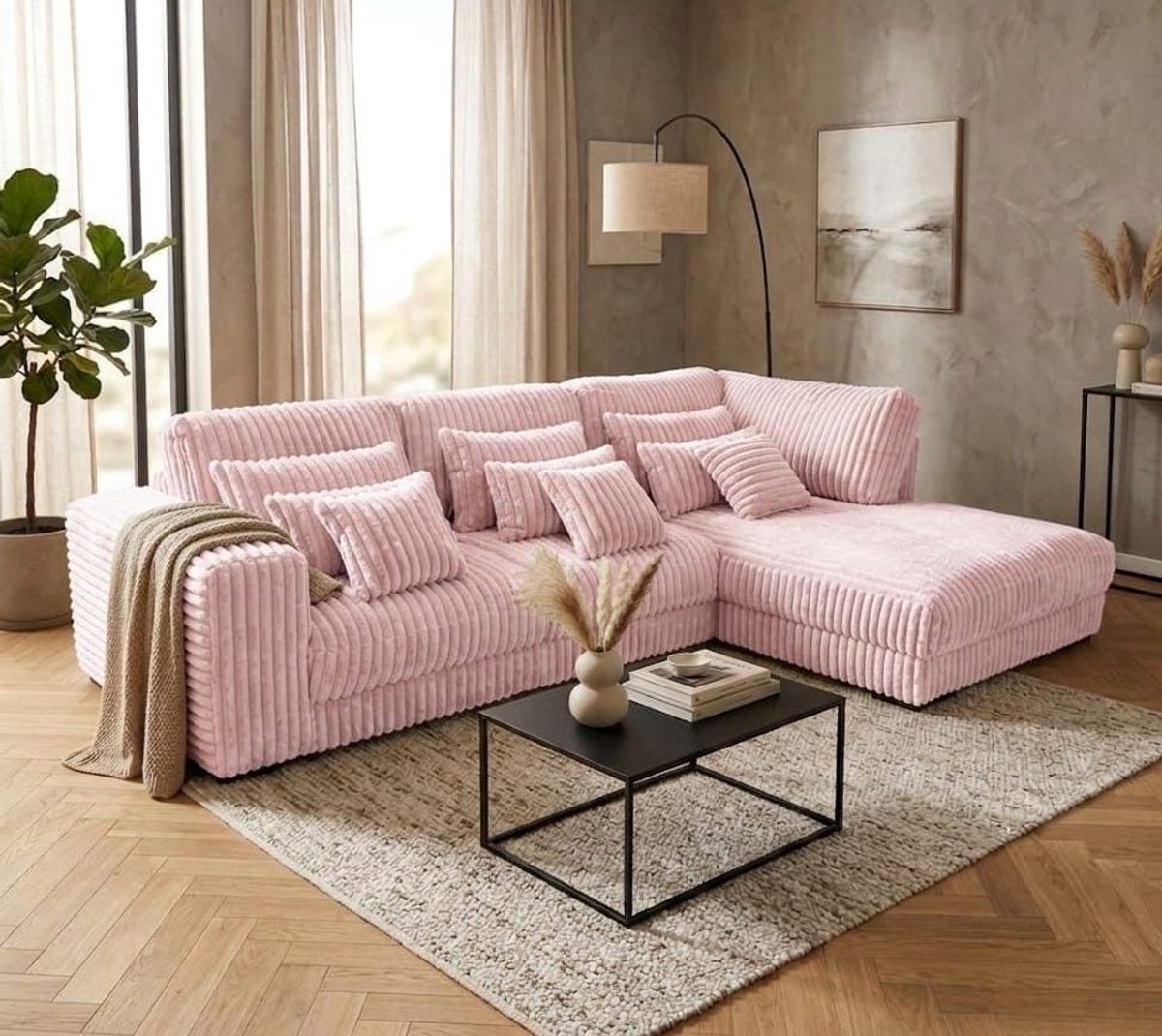 hoekbank mana- lounge rechts- ultra dikke ribstof pink- hoeksalon roze