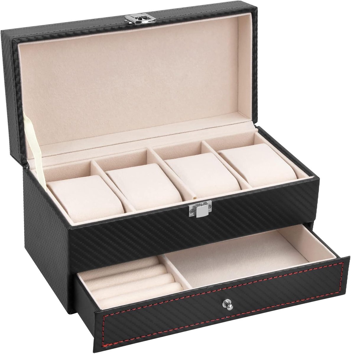 Box voor 4 Horloges en Sieradenopslag - Zwart - Voor Mannen en Vrouwen