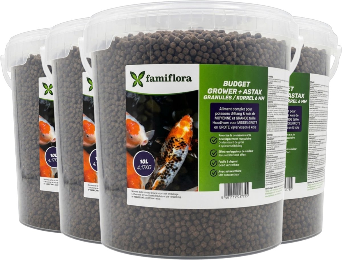 Famiflora Grower Astax koivoer - 4x 10L (= 60L / 16.68KG) - 6mm korrel - Premium grower voor koivissen - Voer voor vijvervissen - Korrelgrootte van 6 mm - Bevat astaxanthine