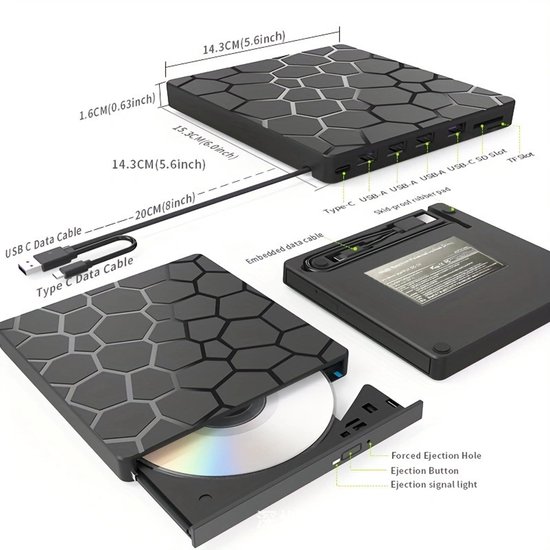 Externe cd-speler voor laptops, 8-in-1 USB 3.0 ultradunne draagbare cd-brander, Geschikt voor desktopcomputers, Mac, Windows 11/10/8/7 en Linux-systemen. — afbeelding 2