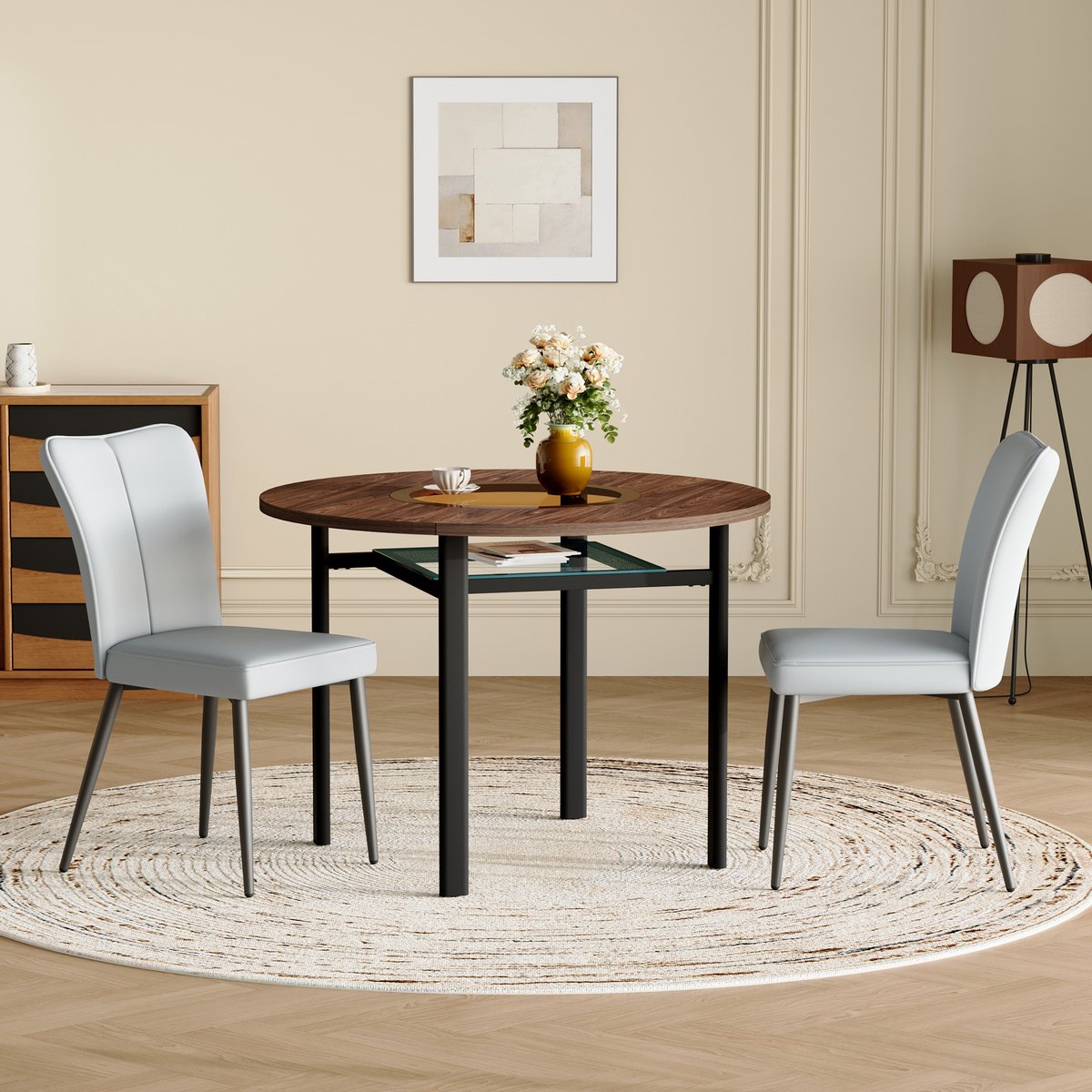 MODFU Eettafelset Met 2 Stoelen - Rond - Minimalistisch - Voor Eetkamer Of Keuken - Glas, Metaal En Kunstleer - Bruin, Zwart En Lichtgrijs Bruin+Zwart+Lichtgrijs