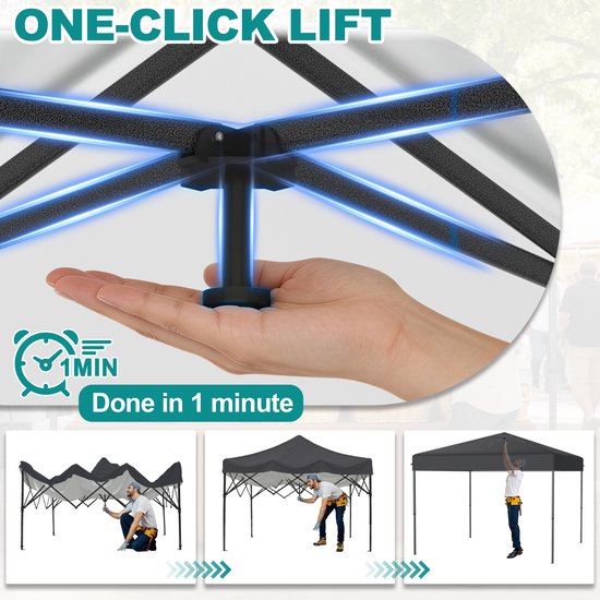 Close-up van het metalen frame van een partytent, met tekst 'ONE-CLICK LIFT' en 'Done in 1 minute'.