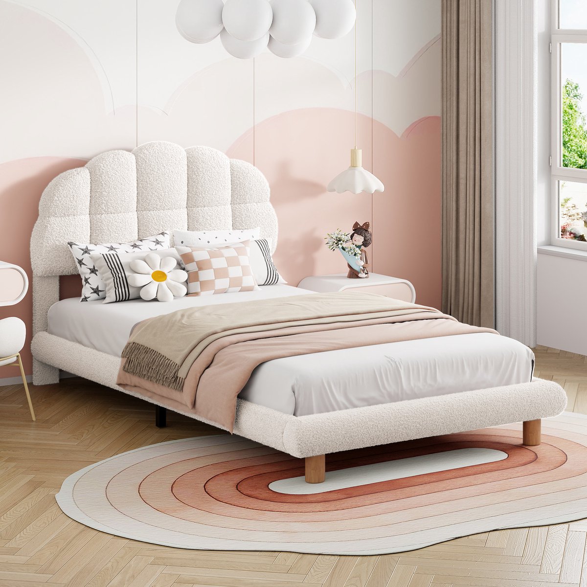 eenpersoonsbed 90x200cm, kinderbed, tienerbed, gestoffeerd bed, lattenbodem, imitatievlies, wit