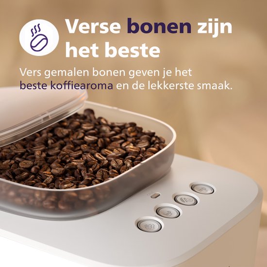 Wit Philips Baristina koffiezetapparaat met volle transparante bovenkant met koffiebonen. Knopjes op het apparaat. Tekst: Verse bonen zijn het beste.