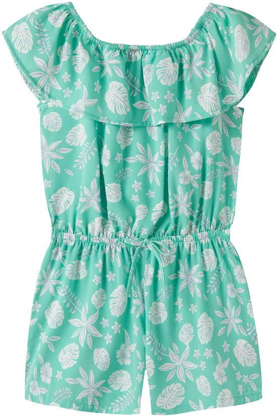 Groene playsuit met ruches aan de hals en wit tropisch bloemen- en bladerenpatroon.